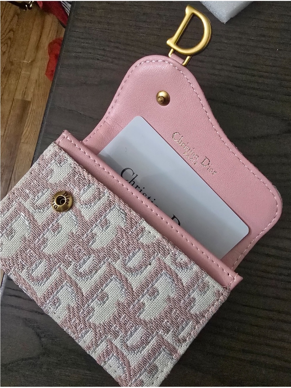 ADior Pink Monogram Canvas Card Holder with Gold 'D' Charm - Picture 2 of 6
